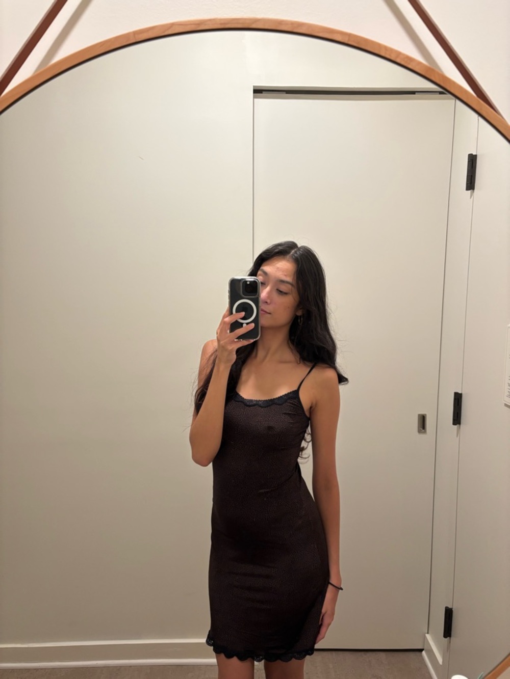 Women's Black Slip Dress with Scallop Hem